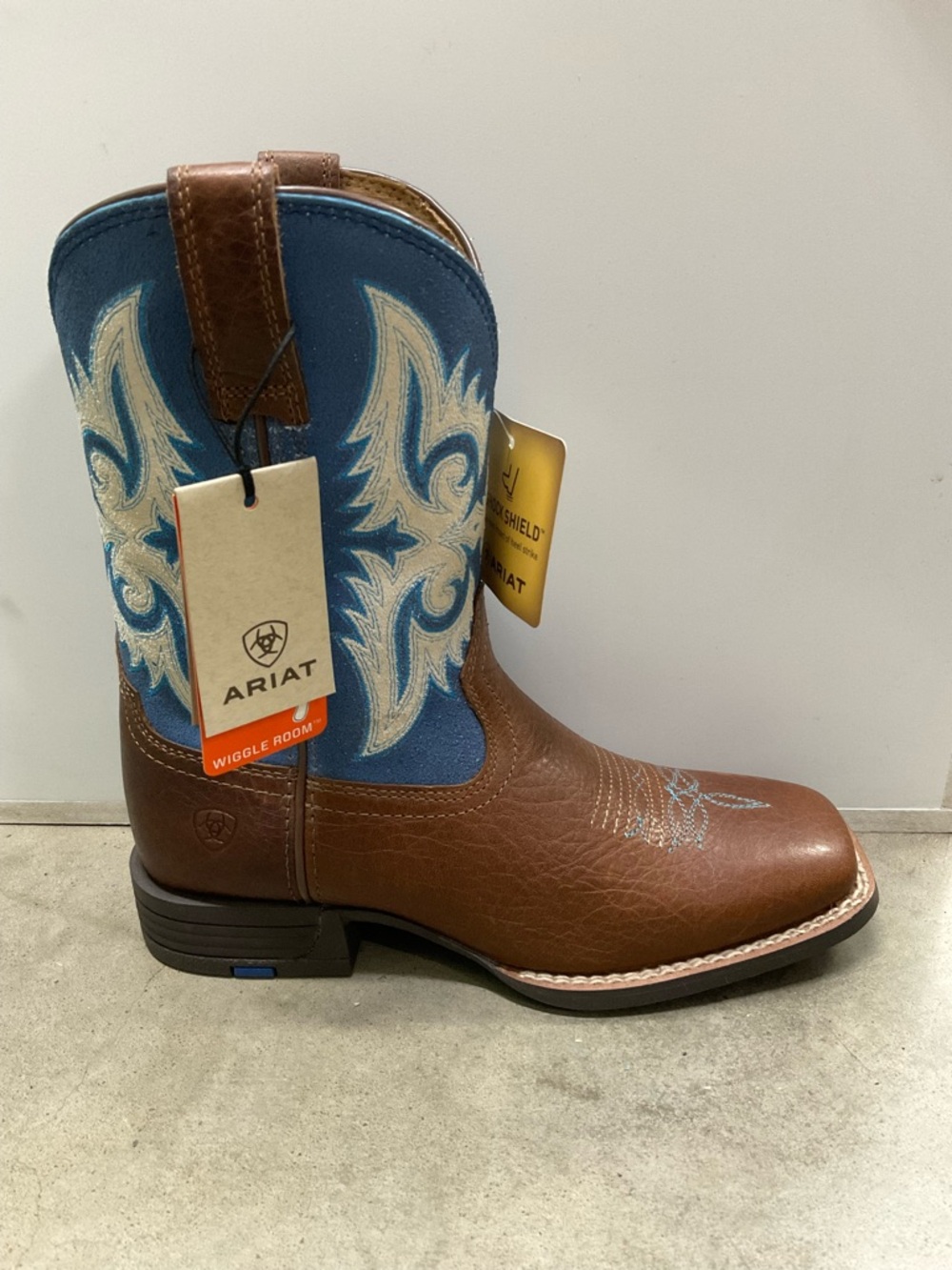 Ariat Brown Leather Kids Cowboy Boots with Blue Embroidered Shaft